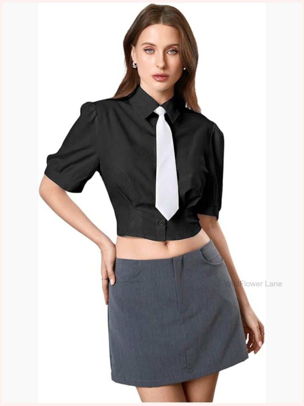 Puff Short Sleeve Collar Button Down Crop Blouse Top With Tie